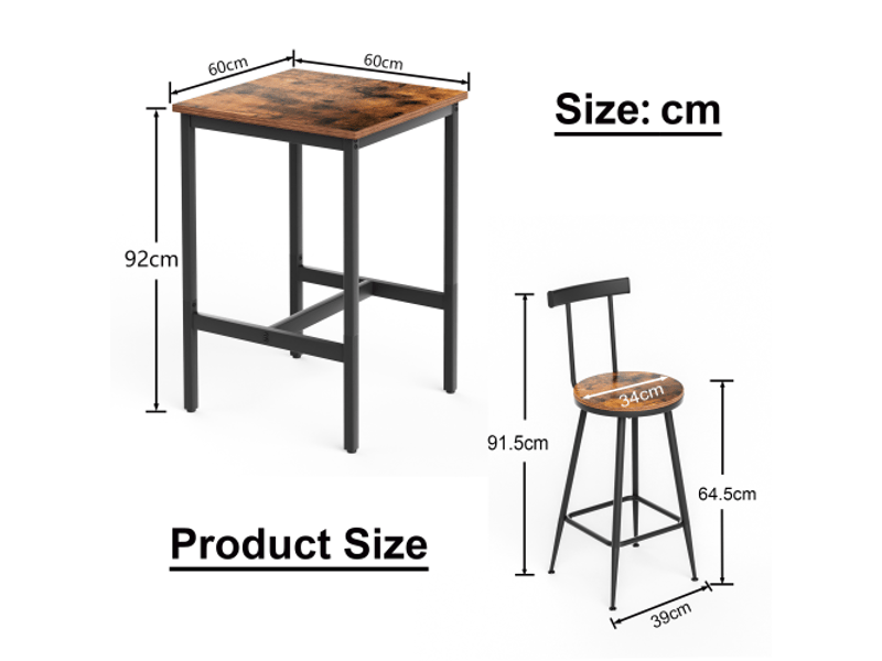  Table de bar industrielle et tabourets - cadre métal, plateau brun rustique, 60x60x90 cm, idéal salle à manger et salon  - Conforama C