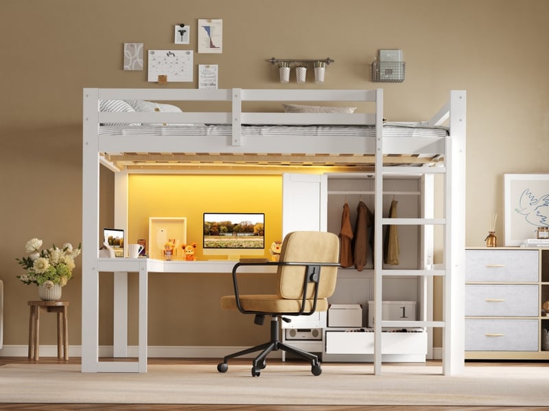 Lit mezzanine 140x200 cm avec bureau, étagères, armoire, port usb et éclairage led, blanc - Conforama B