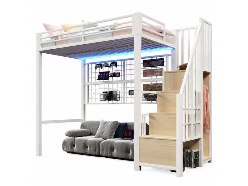  Lit mezzanine 90 x 200 cm en métal, escalier de rangement et led 7 couleurs, blanc  - Conforama A