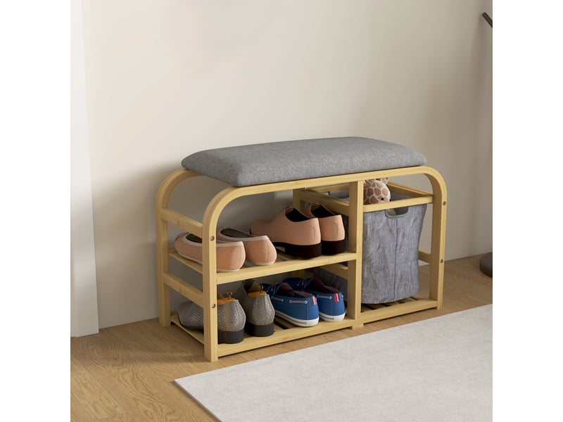  Banc à chaussures avec coussin d'assise, 2 étagères à lattes et panier en tissu coulissant, 70x30x45cm, bois naturel  - Conforama D