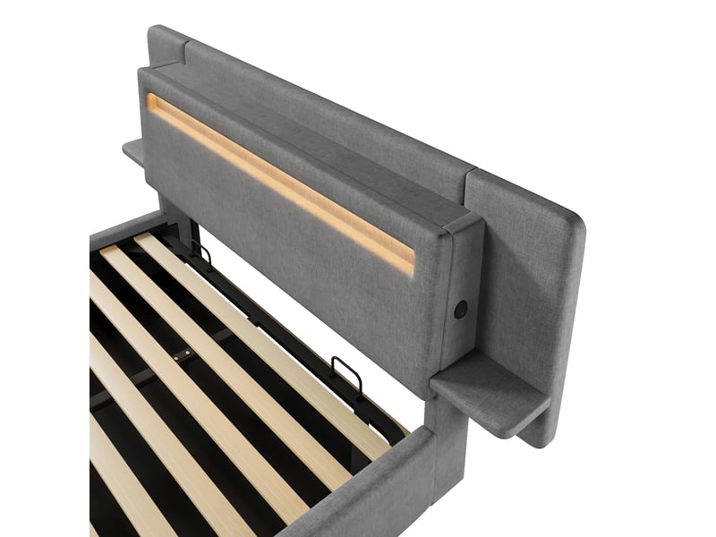 Lit coffre capitonné 140 x 200 cm - avec rangement coffre - table de chevet, port usb et led - mdf + lin - gris (sans matelas) - Conforama R