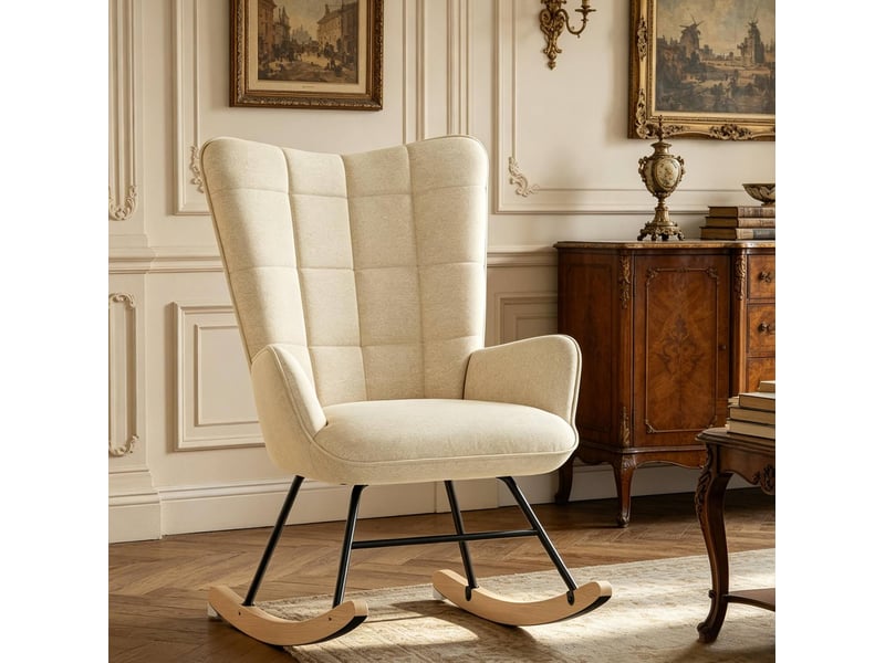  Fauteuil à bascule ergonomique avec dossier haut et accoudoirs courbés, style nordique en velours beige  - Conforama D