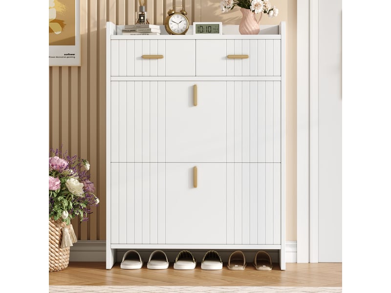  Meuble à chaussures - 75x24x108,5cm - meuble d'entrée étroit avec 2 tiroirs, 2 abattants, niche ouverte - blanc et doré  - Conforama C