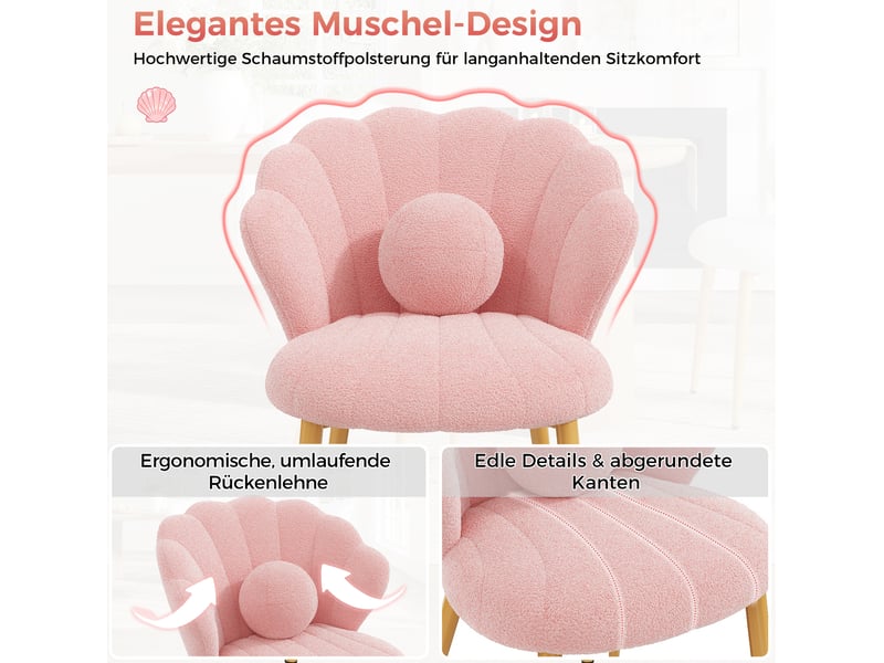 Chaise de salle à manger lot de 6, dossier coquillage et coussins ronds, en bouclette rose et métal doré - Conforama D