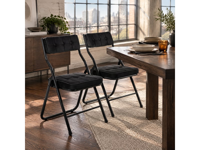  Lot de 2 chaises pliantes rembourrées 46x47x80 cm, sans montage, dossier incurvé 110°, assise en velours, structure acier renforcée, noir  - Conforama B