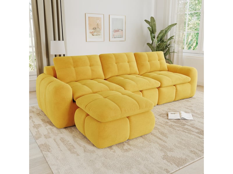  Canapé d’angle modulable 3 places en chenille jaune – 264 x 160 x 68 cm Fay Lum - Conforama E