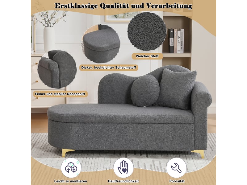  Méridienne canapé 134 cm avec coffre de rangement, chaise longue moderne avec coussins, dossier nuage et tissu bouclé - gris  - Conforama C