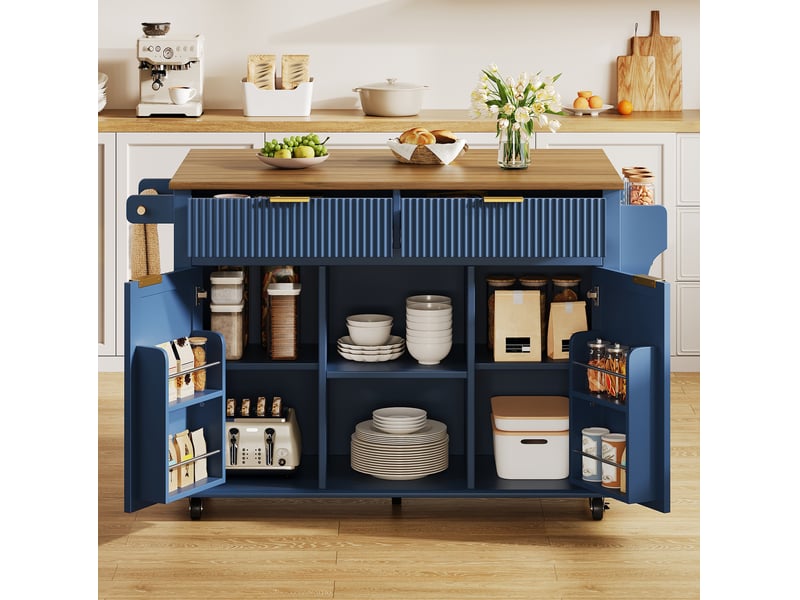 Desserte de cuisine à roulettes avec plateau rabattable, 2 tiroirs, 2 portes, étagères à épices latérales, bleu marron - Conforama B