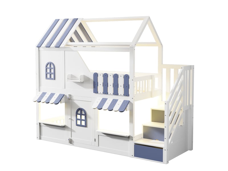 Lit superposé enfant 90 x 200 cm - avec échelle de rangement - avec lumière led - avec 1 porte - blanc + bleu (matelas non inclus)  - Conforama W