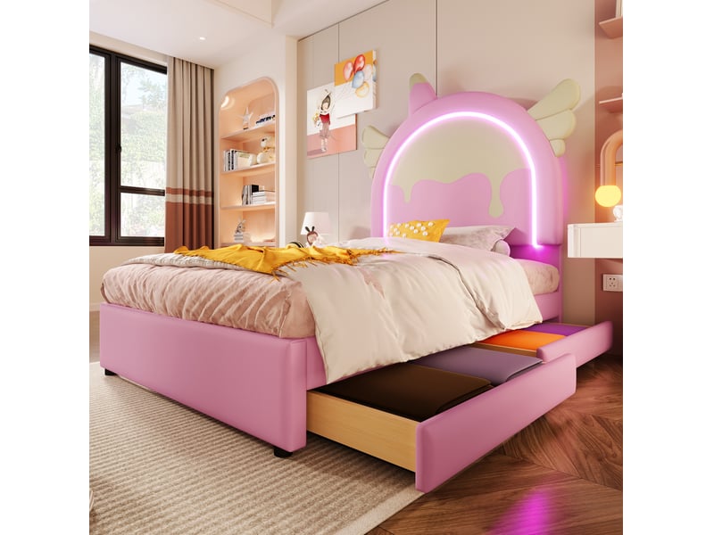  Lit enfant licorne 90 x 200 cm avec bande lumineuse et 2 tiroirs, pu rose  - Conforama D