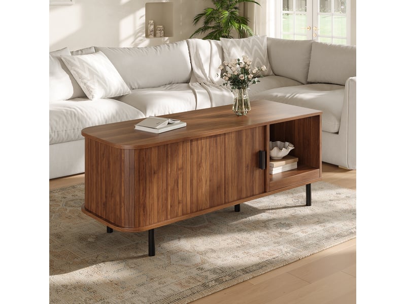  Table basse avec porte coulissante, niche ouverte, style moderne en mdf et panneau de particules noyer 110 × 40 × 55 cm  - Conforama B