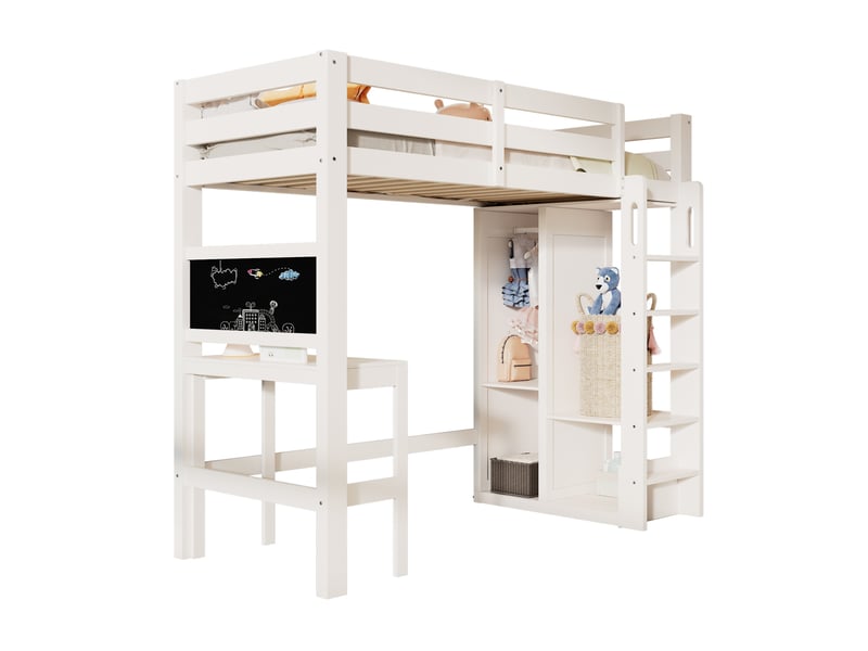  Lit mezzanine enfant blanc 90x200 cm avec bureau, armoire ouverte et tableau noir  - Conforama A