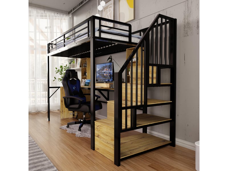  Lit mezzanine 90x200 cm - lit combiné métal avec bureau, port usb, armoire et escalier rangements - noir  - Conforama C