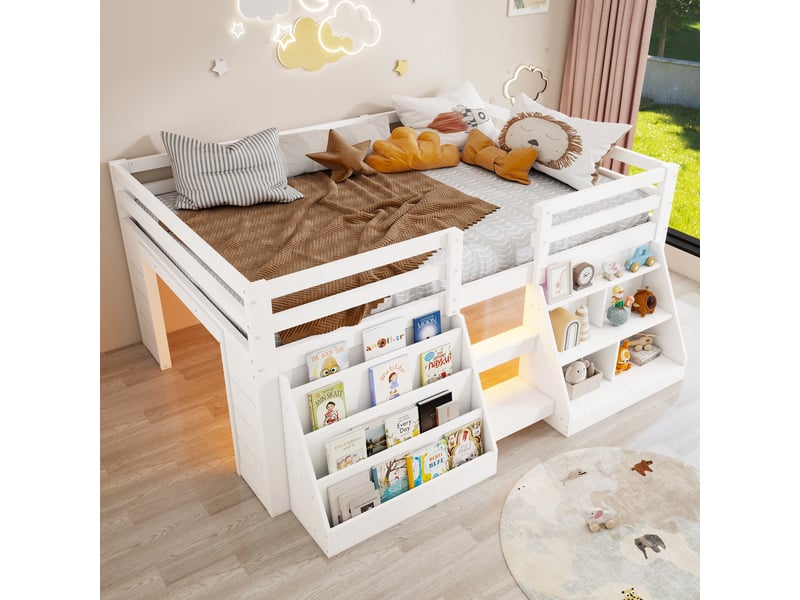 Lit enfant 140 x 200 cm – avec étagères de rangement – avec barrières de sécurité – avec échelle – avec éclairage led – blanc (matelas non inclus) - Conforama D