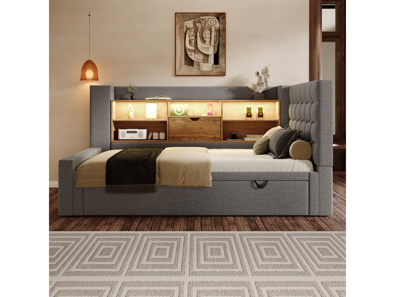  Modenvie lit gigogne 90x200 cm - led, ports usb et rangement tête de lit, sans matelas - gris  - Conforama D