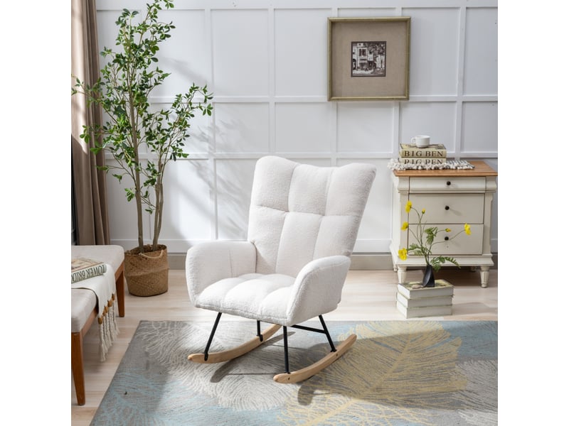  Fauteuil à bascule ergonomique en tissu teddy, bois et métal blanc  - Conforama B