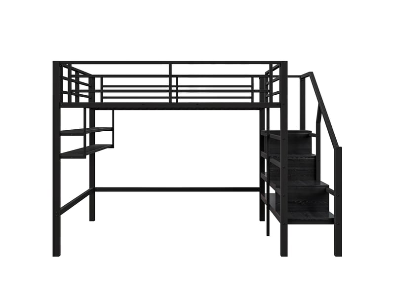  Lit mezzanine noir 140x200 cm avec étagères, échelle rangement et garde-corps  - Conforama A