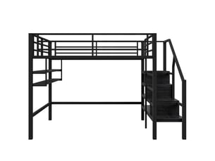 Lit mezzanine noir 140x200 cm avec étagères, échelle rangement et garde-corps