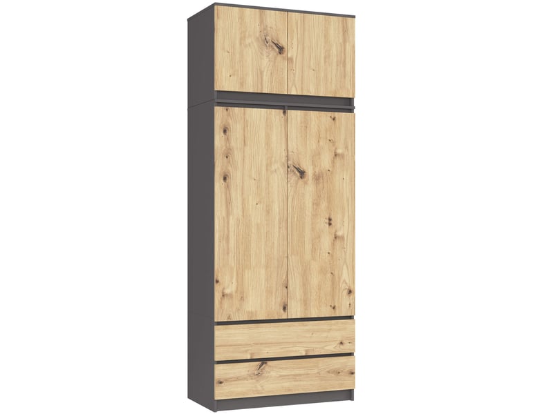  Armoire avec surmeuble akord s90 gris graphite 90 cm 2 portes 2 tiroirs façade chêne artisan 6 étagères 90x51x234 cm  - Conforama A