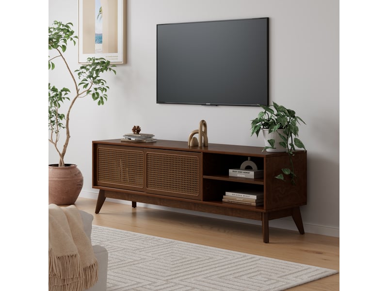  Meuble tv avec portes coulissantes en rotin et niches ouvertes, pieds réglables en bois massif pour salon, mdf noyer  - Conforama C