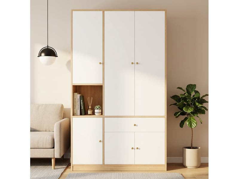  Armoire 120x50x200 cm 6 portes, 2 tringles, tiroir, blanc et effet bois  - Conforama B