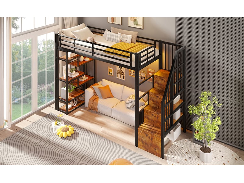  Lit mezzanine 90x200 cm avec escalier de rangement et led, en métal, noir, sans matelas  - Conforama D