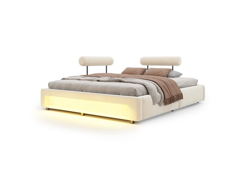  Lit capitonné 160x200 cm avec 2 dossiers réglables 4 positions, éclairage led, velours, beige  - Conforama A