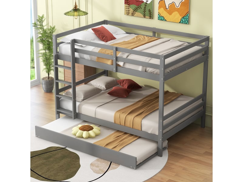 Lit superposé avec lit gigogne et escalier de rangement, lit enfant 140x200 cm en bois massif avec barrières de sécurité, gris. - Conforama B