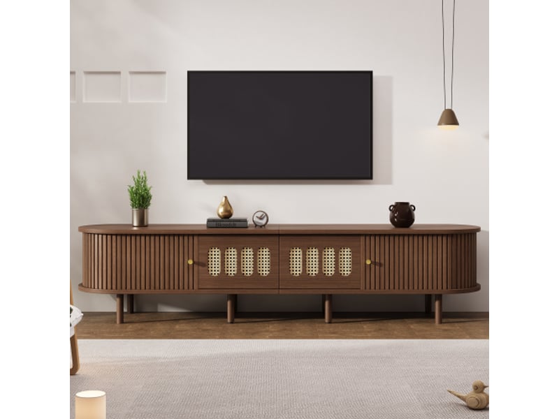 Meuble tv ovale 180 cm, noyer foncé, design rotin, mdf, 2 tiroirs, porte à volet roulant, 30 kg - Conforama B