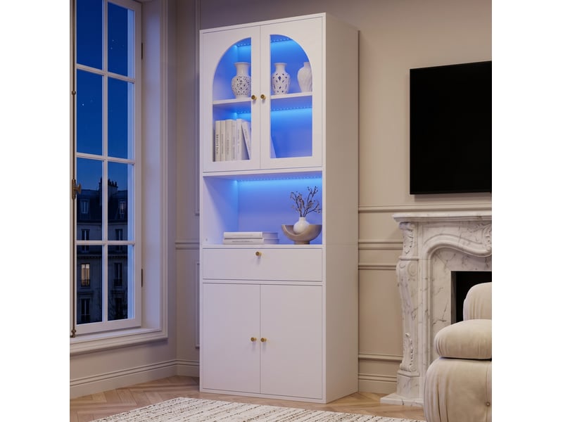  Vitrine avec portes vitrées arquées, niche, tiroir et led rgb réglables pour salon en mdf blanc 70 × 35 × 180 cm  - Conforama E