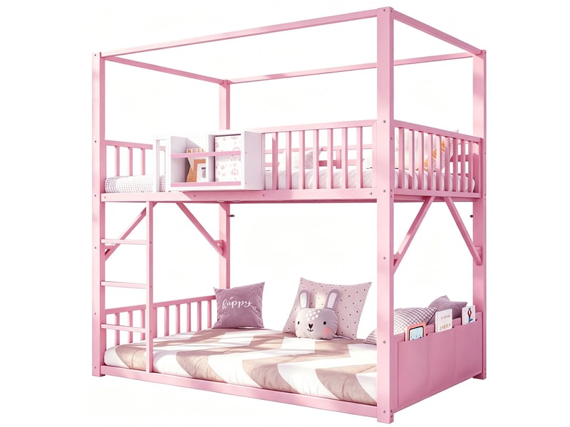 Lit superposé enfant 90x200 cm rose métal et mdf, modèle maison avec toit, étagère, poche et barrières - Conforama A