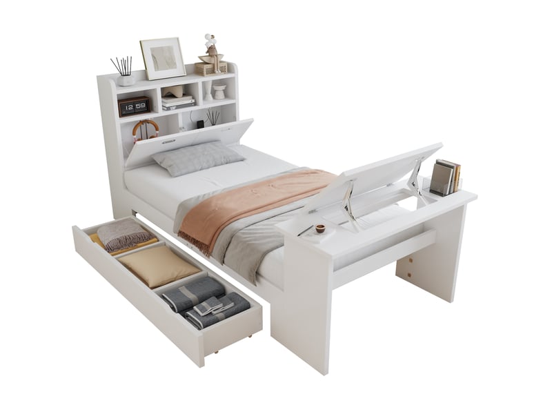  Lit enfant simple 90x200 cm, rangement, table rabattable, tête de lit rangement, structure bois, blanc, sans matelas  - Conforama A