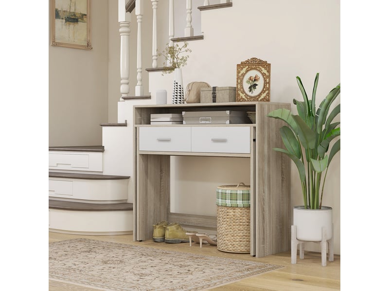  Table console avec plateau coulissant et 2 tiroirs, table de couloir avec rangement, 95l x 35p x 87h cm, aspect chêne  - Conforama W