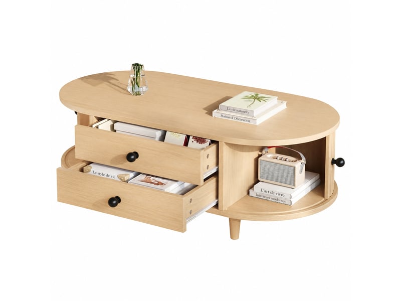  Table basse avec rangement, 2 tiroirs, portes à rideau, mdf, 100 x 50 x 36 cm, bois clair  - Conforama A