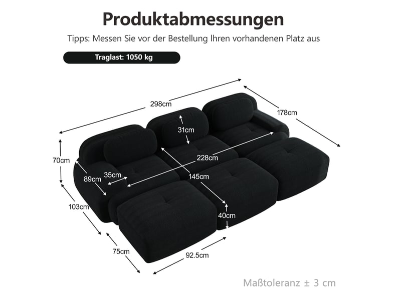  Canapé modulable modenvie 3 places avec 3 poufs velours côtelé noir 298 x 178 x 70 cm  - Conforama C