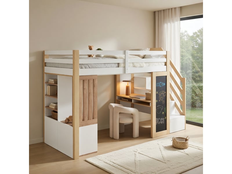  Gutenacht lit mezzanine 90x200cm, bureau, armoire, ardoise, led, blanc &amp; naturel  - Conforama D