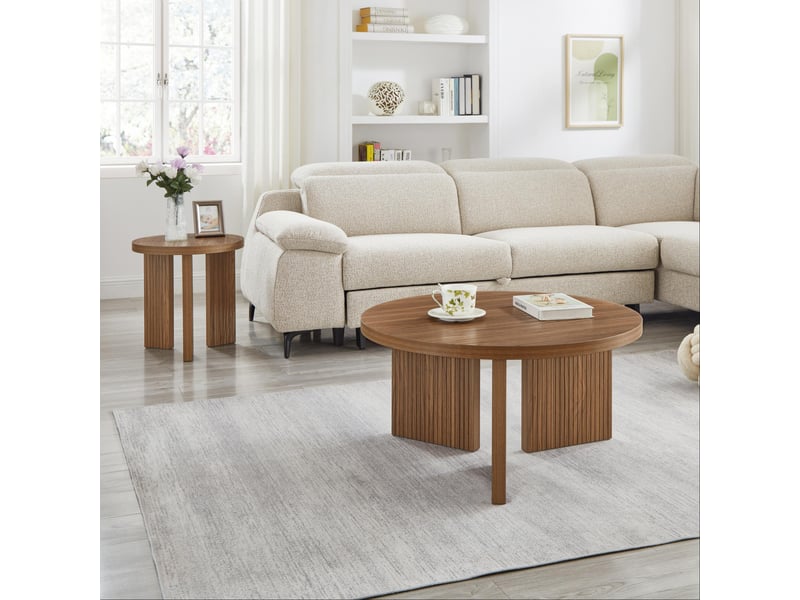  Tables basses gigognes avec 2 plateaux ronds, structure rainurée, style moderne, en mdf, décor noyer brun  - Conforama E
