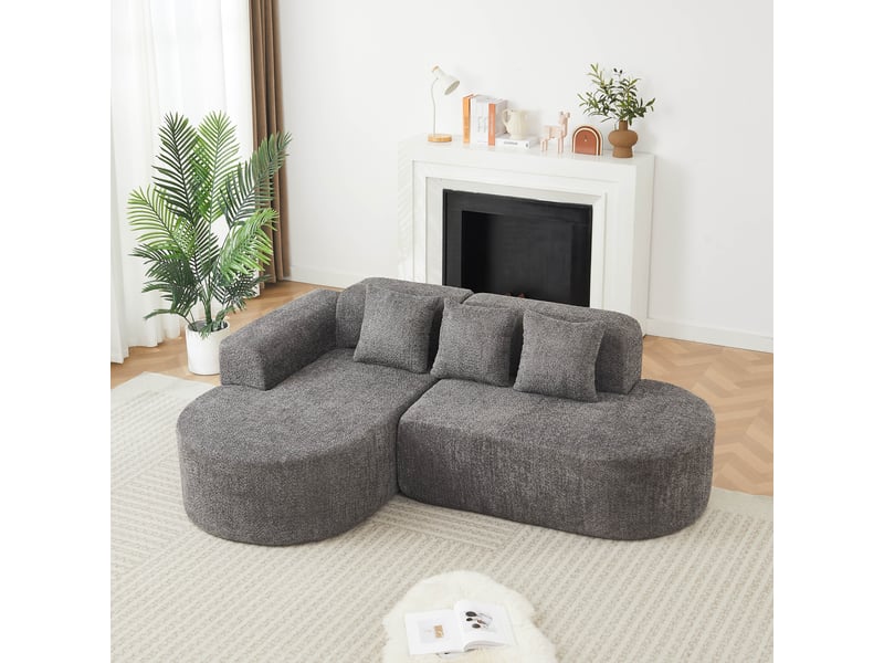Canapé d’angle en l 3 places 222x157x73 cm avec méridienne gauche, formes arrondies style wabi-sabi, 3 coussins dossier, chenille gris anthracite - Conforama B