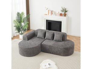 Canapé d’angle en l 3 places 222x157x73 cm avec méridienne gauche, formes arrondies style wabi-sabi, 3 coussins dossier, chenille gris anthracite