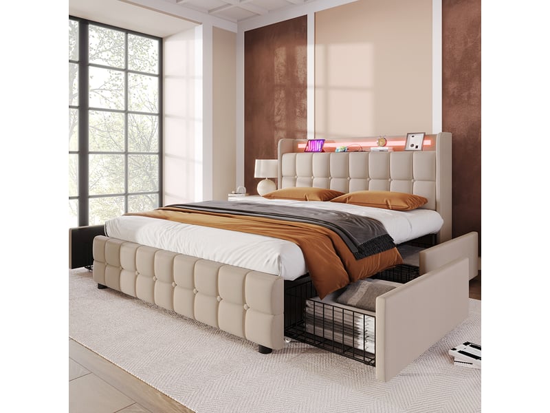 Lit avec tiroirs lit rembourré recharge usb tête de lit et éclairage led et 4 tiroirs lit double 140x200 cm lits de rangement beige  - Conforama A