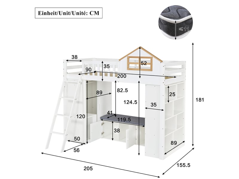 Lit mezzanine enfant 90x200 cm avec rangement blanc et naturel  - Conforama C
