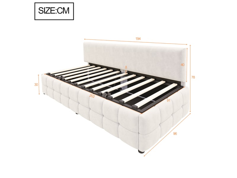  Lit enfant 90 x 200 cm style moderne rangement confort sans accoudoirs motif à carreaux velours beige avec matelas  - Conforama C
