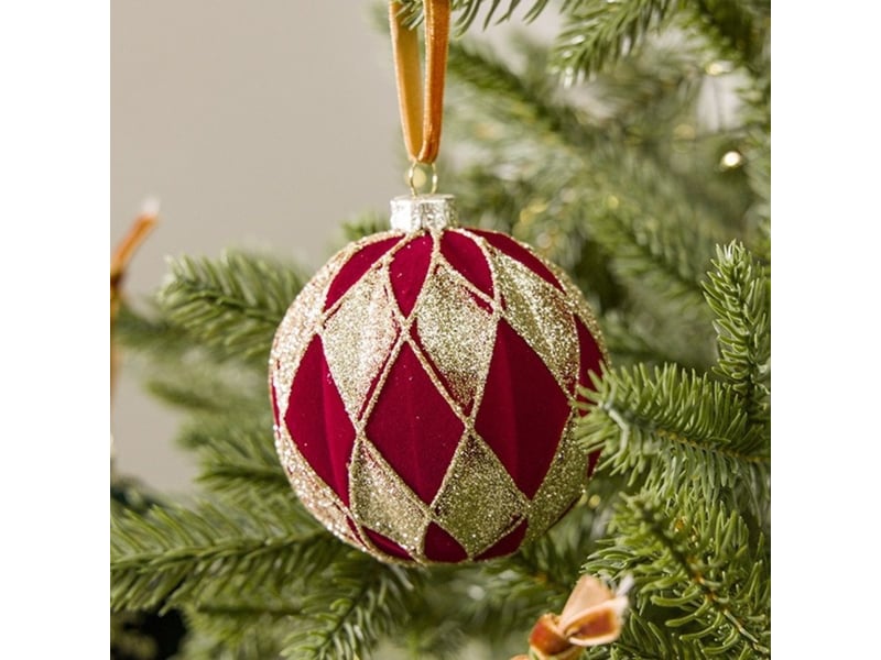  Lot de 16 boules de noël velours bordeaux, 8cm – paillettes dorées, décoration pour sapin et fêtes  - Conforama C
