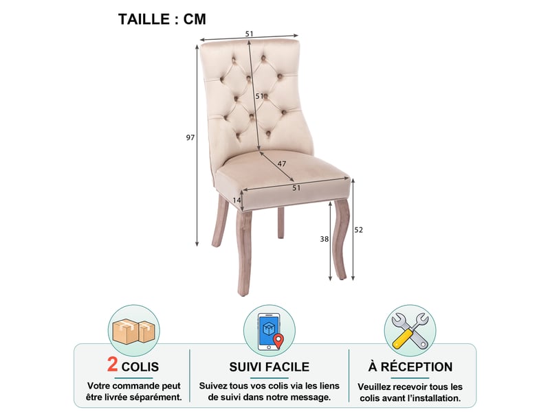  Chaise de salle à manger lot de 4 en velours, dossier haut capitonné et pieds en bois massif beige, 97 × 51 × 47 cm  - Conforama D