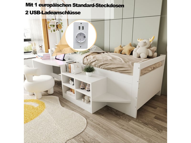  Lit enfant 90x200, rangement intégré lit combine enfant, bureau avec prises, structure bois blanc  - Conforama D