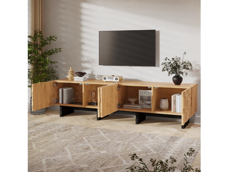  Meuble tv 180x38.5x45 cm avec 4 portes coloris bois naturel  - Conforama D