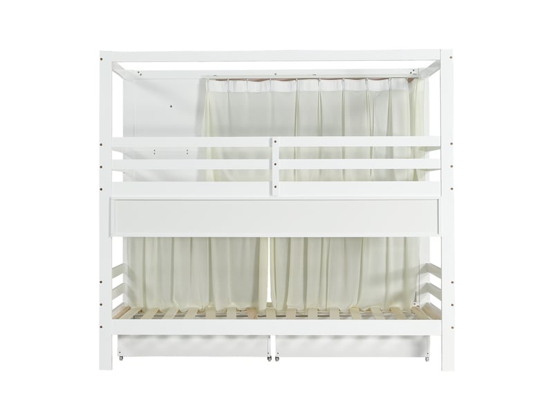  Lit superposé enfant 200×90 cm avec 2 tiroirs à roulettes, étagères ouvertes et rideaux, en pin et mdf blanc et rose  - Conforama E