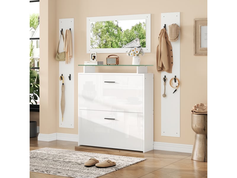  Ensemble meuble d'entrée complet 4 pièces, vestiaire de couloir gain de place avec meuble à chaussures miroir et 8 patères, style scandinave, blanc  - Conforama W