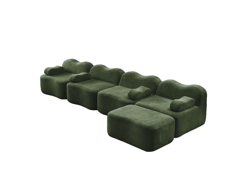  Canapé d'angle modulable ulevr 4 places avec pouf, 384 x 167 cm, velours vert, forme vague  - Conforama A