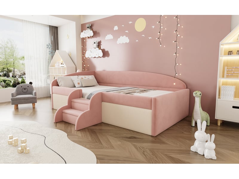  Lit enfant 90 x 190 cm avec marches et barrières, velours rose et blanc crème  - Conforama E